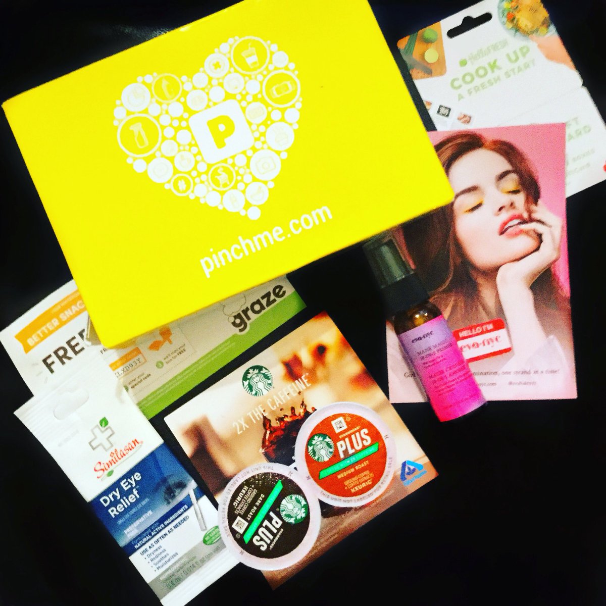 Bjohnnyt's tweet image. This #pinchmesamplebox is just what I needed. @Starbucks pods to wake me up, @evahairnyc mane magic 10 in 1 primer, @similasanusa dry eye relief. I’m a #HappyPincher @pinchme