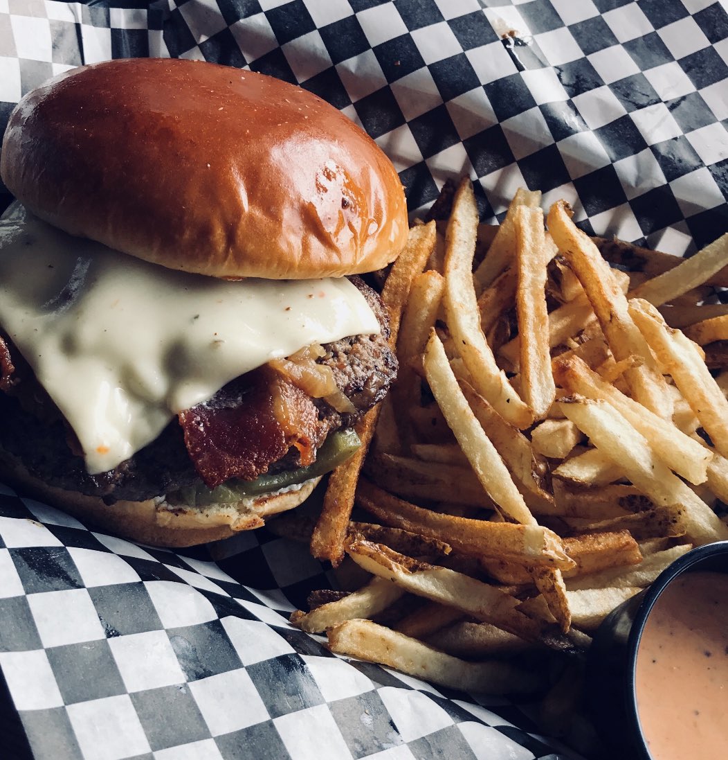 MassStAleHouse's tweet photo. Retweet for a shot at winning burgers Free For a Year! Like this Jalapeño Popper Burger. On special Wednesday for $8! #lfk https://t.co/l1h16Rbvhn