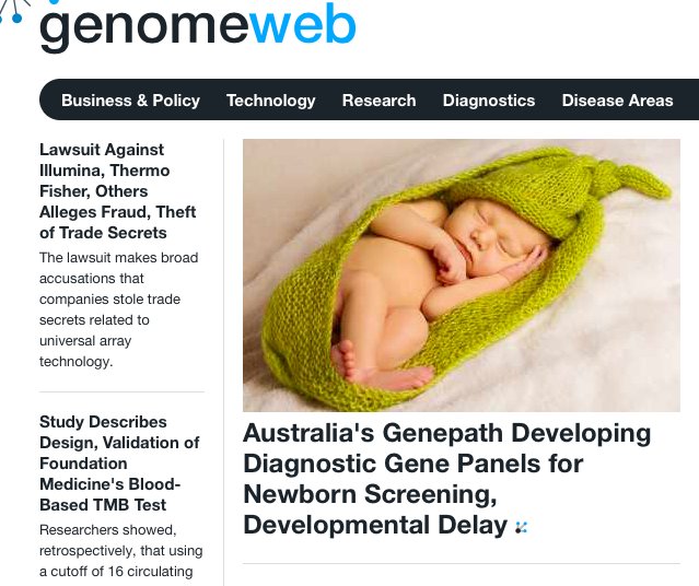 genepathlabs's tweet photo. Great to see the interest in #Genepath #preventive health screen for newborns on the front page of Genome web! https://t.co/Dyjv4KNSal