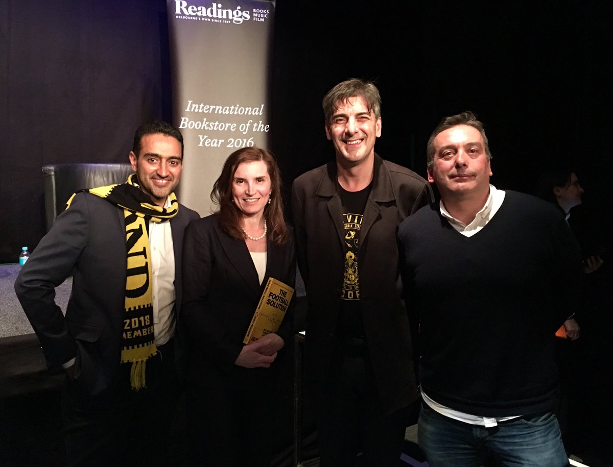 State Director Jenny Bloomfield with @GMegalogenis #waleedaly & #christostsiolkas at launch of The Football Solution:How Richmond’s Premiership Can Save Australia. Inspiring discussion on Australian identity & values, stronger communities and leading positive change #fpwhitepaper