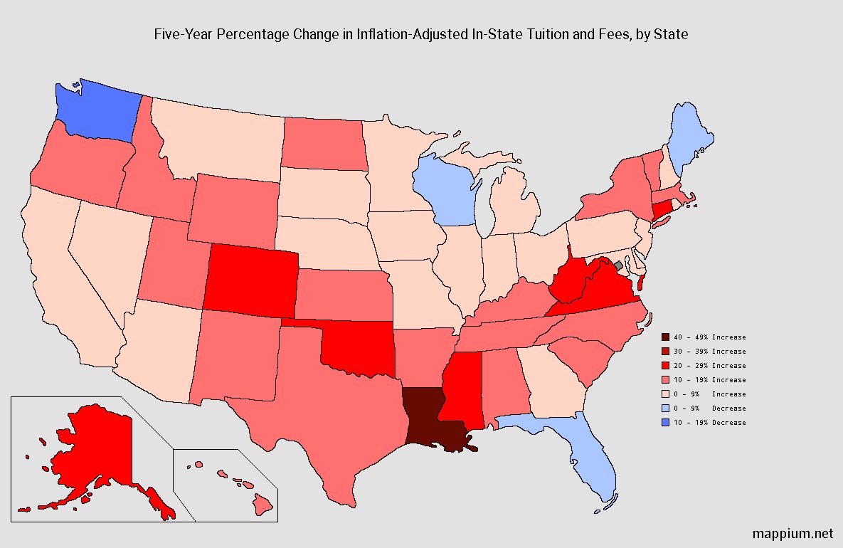 mappium's tweet photo. Change in Public Tuition Costs by State #tuition #college #maps #mappium #geography #cartography #university #tuition #education #EducationUSA #states #UnitedStates #USA https://t.co/hLHG78Hbdl