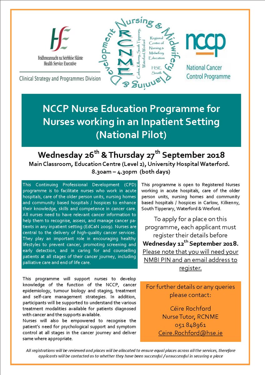 rcnme_se's tweet photo. NCCP Education Programme for Nurses working in Inpatient Setting (National Pilot), 26 &amp; 27 Sept 2018. Open 2 Registered Nurses working in acute, care of older people &amp; community based hospitals &amp; nursing homes in the South East. Click https://t.co/8vgk9kgOZ2 to register @hseNCCP https://t.co/5IkGkEtdIF