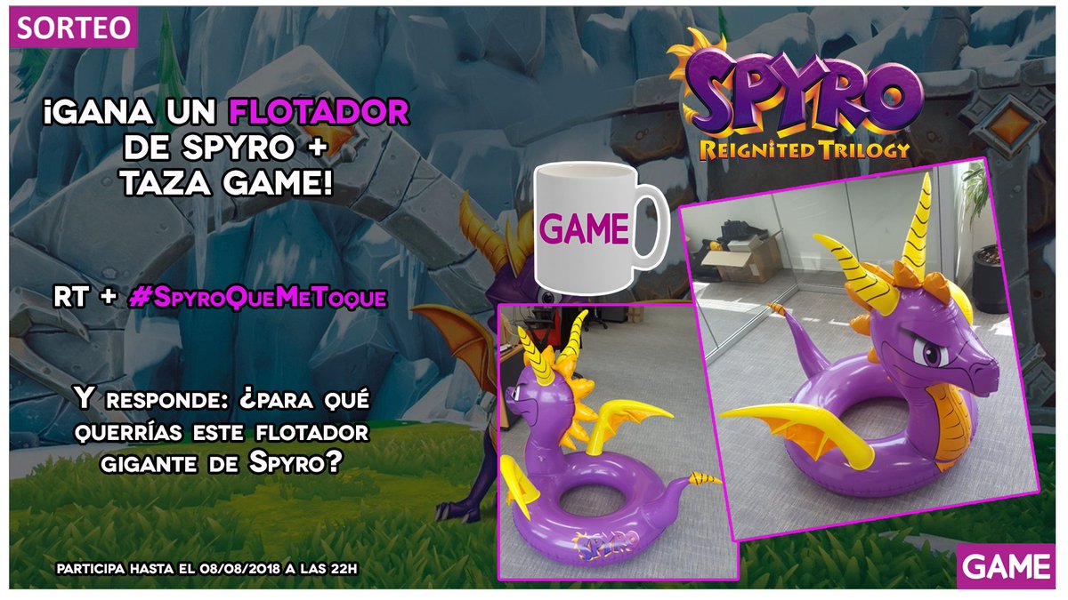 VideojuegosGAME's tweet photo. [SORTEO]
¿Quieres ganar un flotador gigante de SPYRO + taza GAME? 😍🐉

🔁 RT
📝 Responde con #SpyroQueMeToque y dinos: ¿para qué querrías este flotador gigante de Spyro?
⏲ Participa hasta hoy a las 22:00.

Participa y hazte con él, ¡ES ENORME! 😱
+ Info:
https://t.co/byanGzVbgr https://t.co/vUROzV4RVV