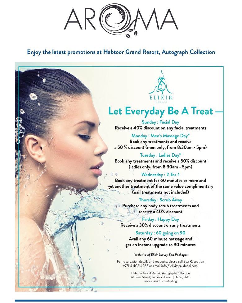 elixir_dubai's tweet photo. Spa everyday? No worries! Check out our daily deals and get your much needed rest. #elixirspa #habtoorgrandresort #massage #dubai #massageindubai #swedish #deeptissue #aroma #maternity #traditionalthai #hotstone #facials #scrubs #deals https://t.co/zfD4YFbB6R
