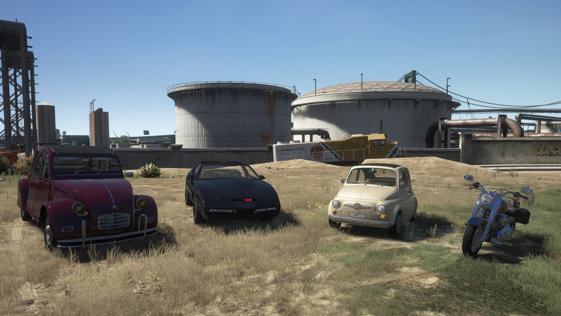 酒井武志 님의 트위터 Pcゲーム Grand Theft Auto V Gta5 での愛車を紹介します 左からシトロエン2cv ナイト00 アバルト595 ハーレーダビッドソンfatboy 全部mod を使用 さいこう 今日もこの中のどれかで街を走ります のんびりと安全運転でね Gtav