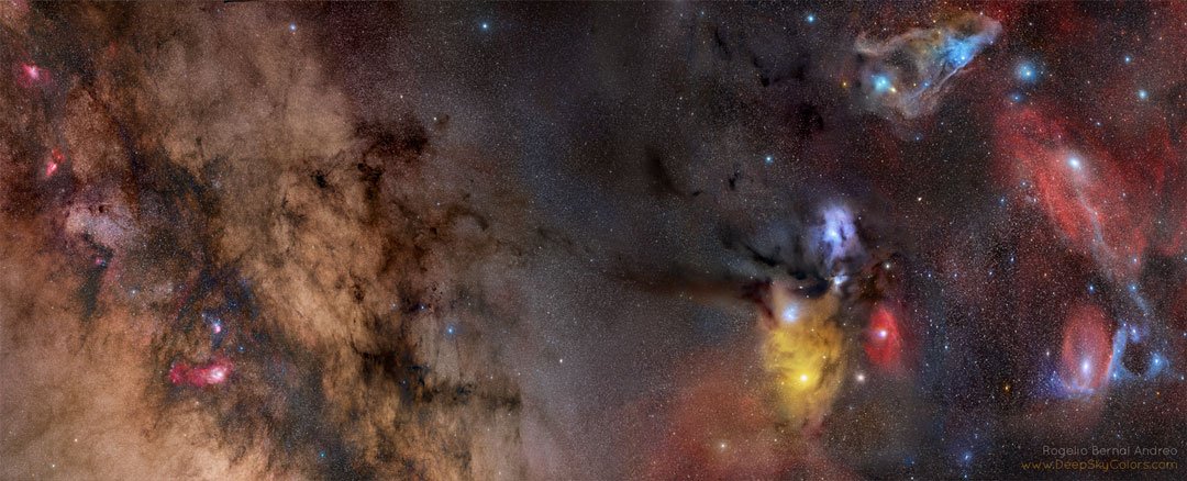 Elec_Universe's tweet photo. From the #GalacticPlane through #Antares: Red emanates from nebulas glowing in the light of exited hydrogen gas, blue marks #InterstellarDust preferentially reflecting the light of bright young stars. Thick dust appears otherwise dark brown https://t.co/LeSJqtvTXC #DustyPlasmas https://t.co/O56cgcBT5z
