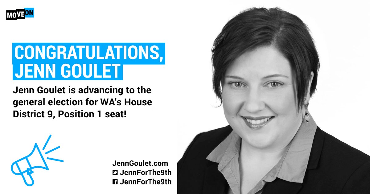 Congratulations to Jenn Goulet (<a href="/jennforthe9th/">Jenn Goulet</a>) for advancing to the general election tonight – Onward to November! Learn more about her campaign at jenngoulet.com #bluewave