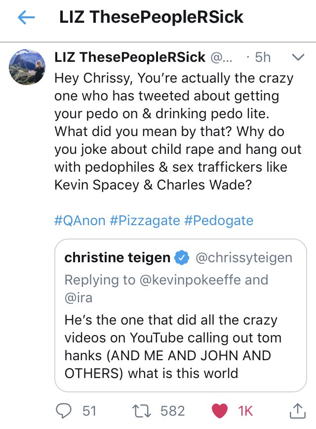 LizCrokin's tweet photo. Look at the numbers on my tweet blasting Chrissy Teigen compared to hers. Better yet, go to her tweet &amp; look at the comments. I have 82k followers, she has 10 million. Patriots we have come so far. Eyes Wide Open! Keep fighting &amp; praying.

#QAnon #Pizzagate #GreatAwakening https://t.co/L2yXc9WZtI