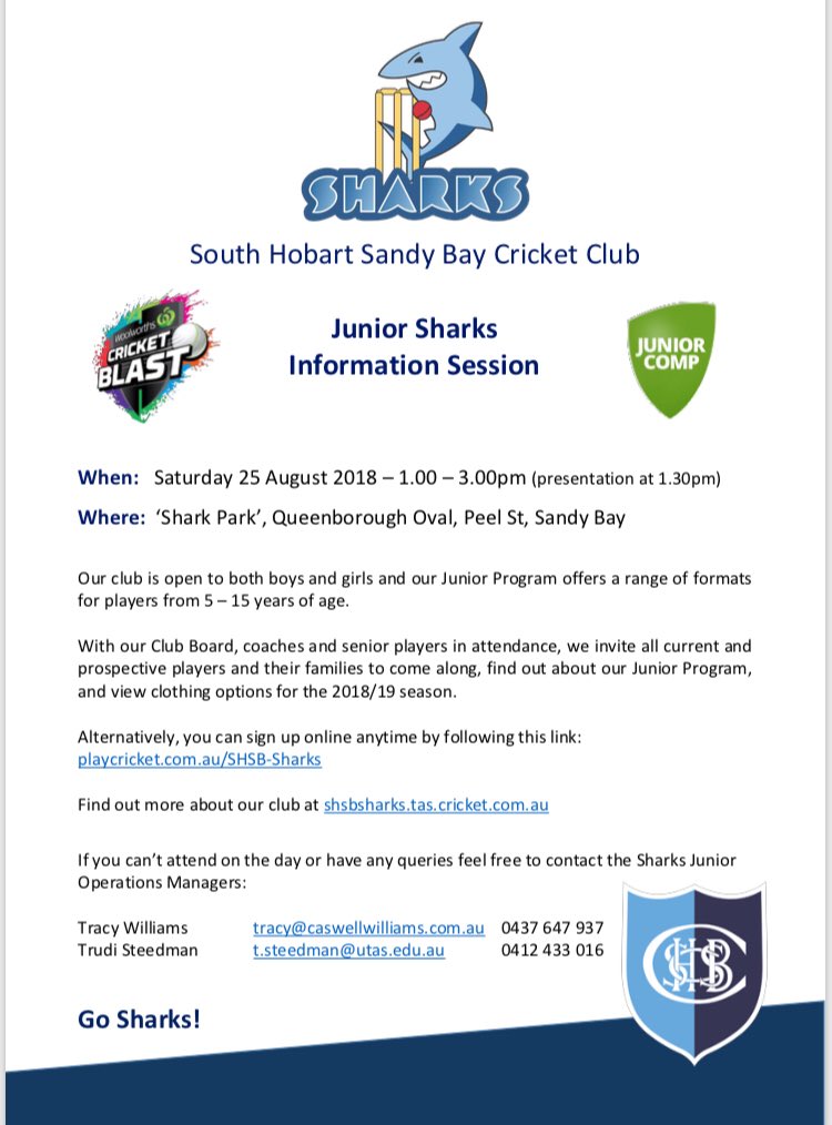 Sharks Junior Information Day!

🗓 Sat 25th Aug
⏱1pm - 3pm (1:30pm presentation)
📍 Shark Park (Queenborough Oval)

Check out the flyer for more information! 

#GoSharks