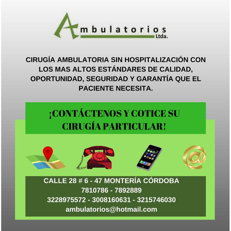 Ambulatorios's tweet photo. Cirugía ambulatoria particular sin hospitalización. Contáctenos y separe su cita con excelentes descuentos. @Ambulatorios seguridad y garantía en la prestación se salud. #cirugíaambulatoriasinhospitalización #cirugíaparticular #ambulatoriosmontería #cirugiasegura https://t.co/YAy4oTIcM5