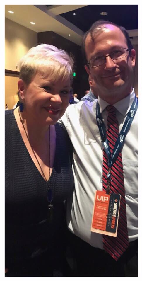 DannyKambel's tweet photo. @sportsiren Congrats on finishing your chemo, Holly. This 📸 is from #CoSIDA17 with my friend @jheis21. I left your presence as the #WeepingSID but I grew exponentially in admiration for you, the person and the professional. Your fight is an encouragement. #GetSET https://t.co/BhysFIVEbf