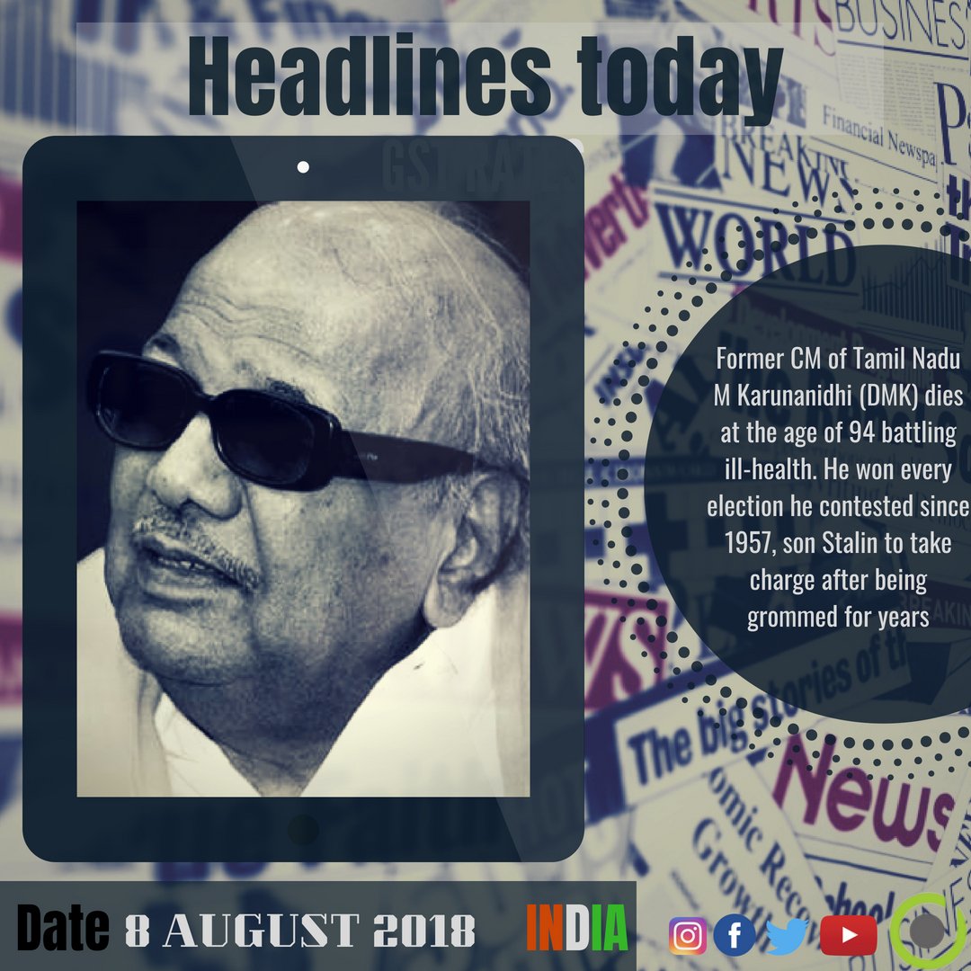 demnindia's tweet photo. #demnindia #Headlines #today #DMKLeader #MKarunanidhi #Stalin #TamilNadu #IndianArmy #LOC #MajorRane #Soldiers #Kashmir #ArvindKejriwal #AAP #MLAfund #development #SupremeCourt #Women #India #rapes #DonaldTrump #Iran #UnitedStates #sanctions #business https://t.co/C89GFYVtq5