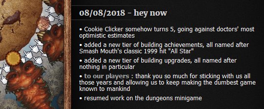 Orteil on X: Cookie Clicker turns 5 ! here's a tiny update with a few  upgrades and achievements; bigger and more exciting things coming soon(ish)  thank you guys for all the support