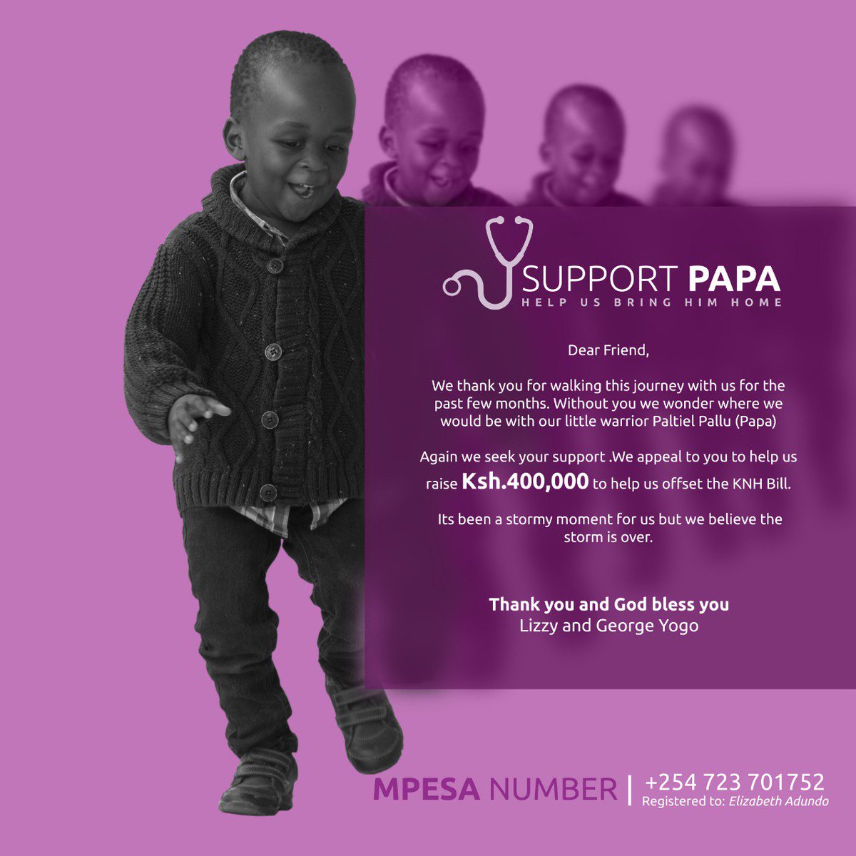 BerylVic's tweet photo. Good morning my friends. (Kindly send any amount to the number on the poster).This is my friend’s son. This boy has been in HDU, ICU. He’s been to Karen Hospital, Meridian Hospital, Aga Khan and was discharged. A few days later he was in ICU Kenyatta and now General ward. https://t.co/HdcfJvR7IK