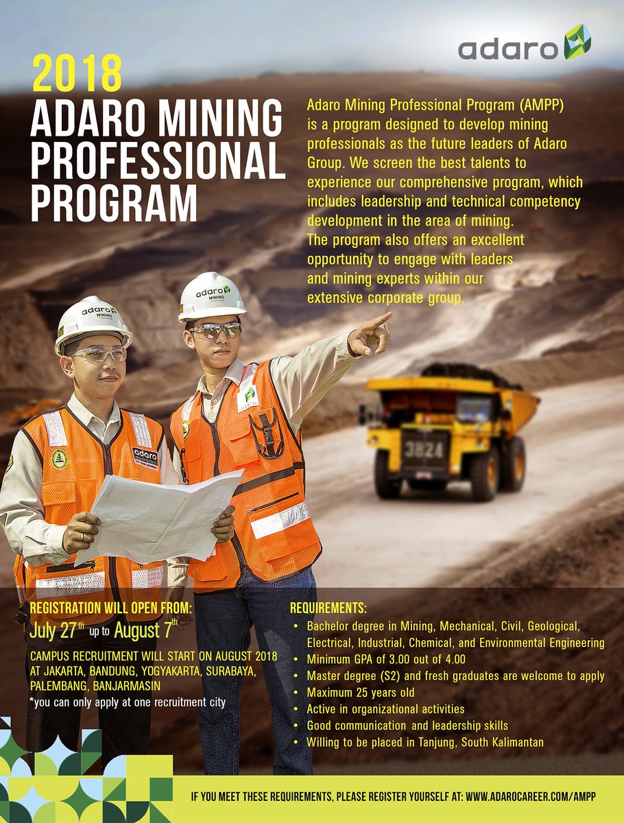 Hello!ADARO is hiring!
PLEASE REGISTER YOURSELF AT : adarocareer.com/AMPP  Further info : cdc.eng.ui.ac.id/index.php/comp… …
REGISTRATION WILL OPEN FROM :
JULY 27th up to August 7th