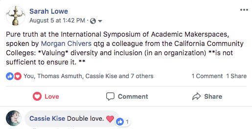 morganchivers's tweet photo. I quoted Dr. Brie Lindsey while presenting w @peery_katie about our discipline diversifying hiring practices @UTAFabLab and how it's helped us build a rather radically inclusive community of makers @utarlington. An honor to present @Stanford &amp; get shout out from @CACollegeofArts! https://t.co/jxEFTK4BPv