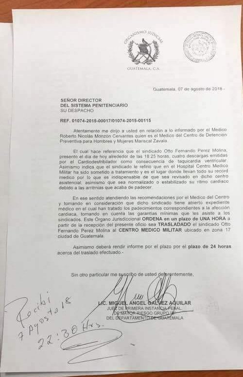 AztecaNoticiaGT's tweet photo. El traslado del expresidente Otto Pérez Molina del hospital Roosevelt al Centro Médico Militar fue autorizado por el juez Miguel Ángel Gálvez. https://t.co/ZFf7rIyhOG