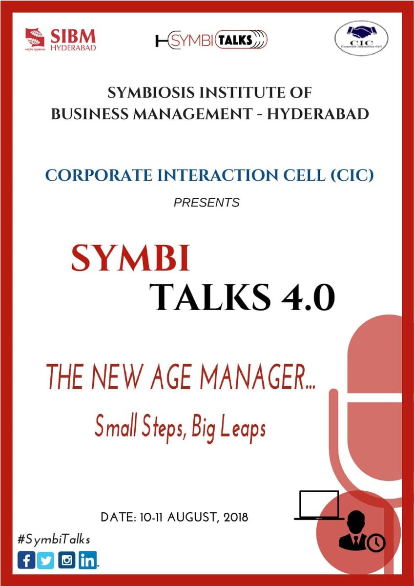 SIBMHYD's tweet photo. The Corporate Interaction Cell of SIBM-HYD presents SymbiTalks 4.0. Join us on 10th and 11th August where the industry heavyweights interact with the future student managers.
#SymbiTalks #sibmhyd #symbiosis https://t.co/PlxZdlgu5M