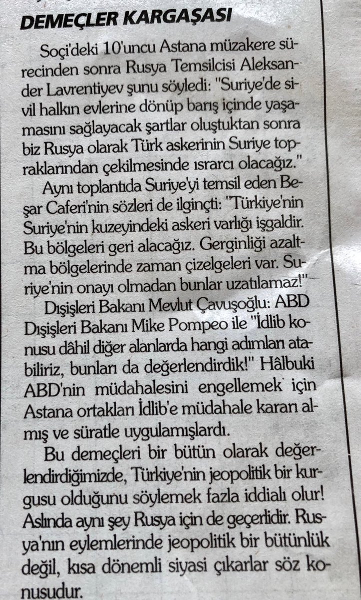 AmiralPolat's tweet photo. Rus: Türk askerinin çekilmesinde ısrarcı olacağız!
Suriyeli: Türkiye işgalcidir.
Çavuşoğlu: İdlib’i de Mike Pompeo ile görüştük! Halbuki İdlib ABD’ye karşı yapılmıştı.
Tam bir kargaşa! Çünkü jeopolitik tutarlılık yok! https://t.co/BKnLik8icJ