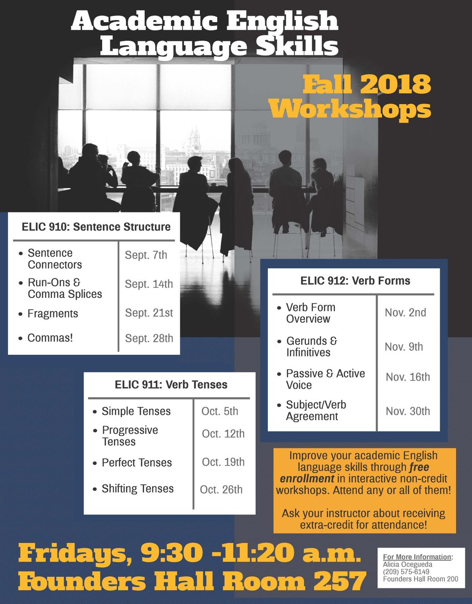 mjc_slae's tweet image. @modestojc Improve your academic English skills through our LANGUAGE SKILLS FALL WORKSHOPS! Sentence structure, verb forms, and verb tenses! Fridays 9:30-11:20am, Founders Hall, Room 257. FREE!! #PracticeLanguage #DevelopCommunication #AskAboutExtraCredit