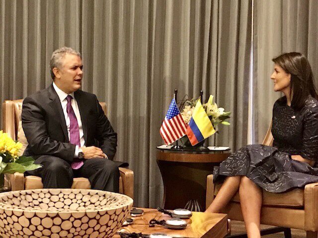 HamzatWilliams's tweet photo. RT @USUN: We had a great meeting w President-elect @IvanDuque ahead of his inauguration to discuss US-Colombia ties. We look forward to a strong partnership that aggressively counters the narcotics trade & increases stability in the region #Colombia #USPartner #UnitedForTheFuture https://t.co/27QAH0FqhO