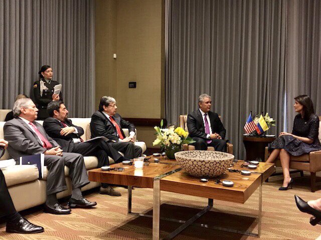 HamzatWilliams's tweet photo. RT @USUN: We had a great meeting w President-elect @IvanDuque ahead of his inauguration to discuss US-Colombia ties. We look forward to a strong partnership that aggressively counters the narcotics trade & increases stability in the region #Colombia #USPartner #UnitedForTheFuture https://t.co/27QAH0FqhO