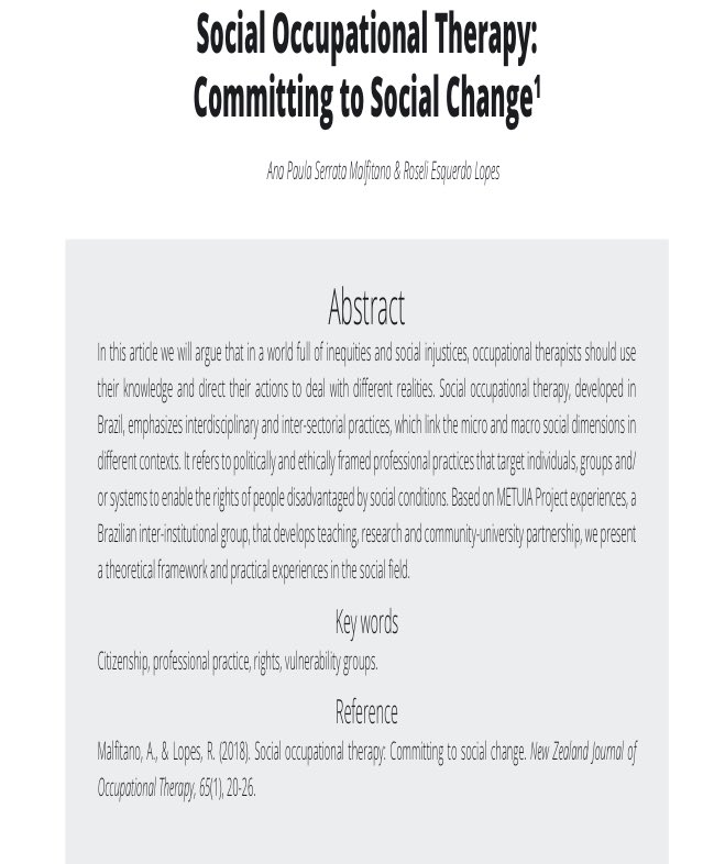 sOTlearner's tweet image. Amazing having Professor Ana Malfitana talk about her paper and experiences in Social Occupational Therapy in Brazil. Helps to understand how inequalities come about @ the macro level. Enjoyed learning about the ways in which therapy was provided#recomendedread #oenv18