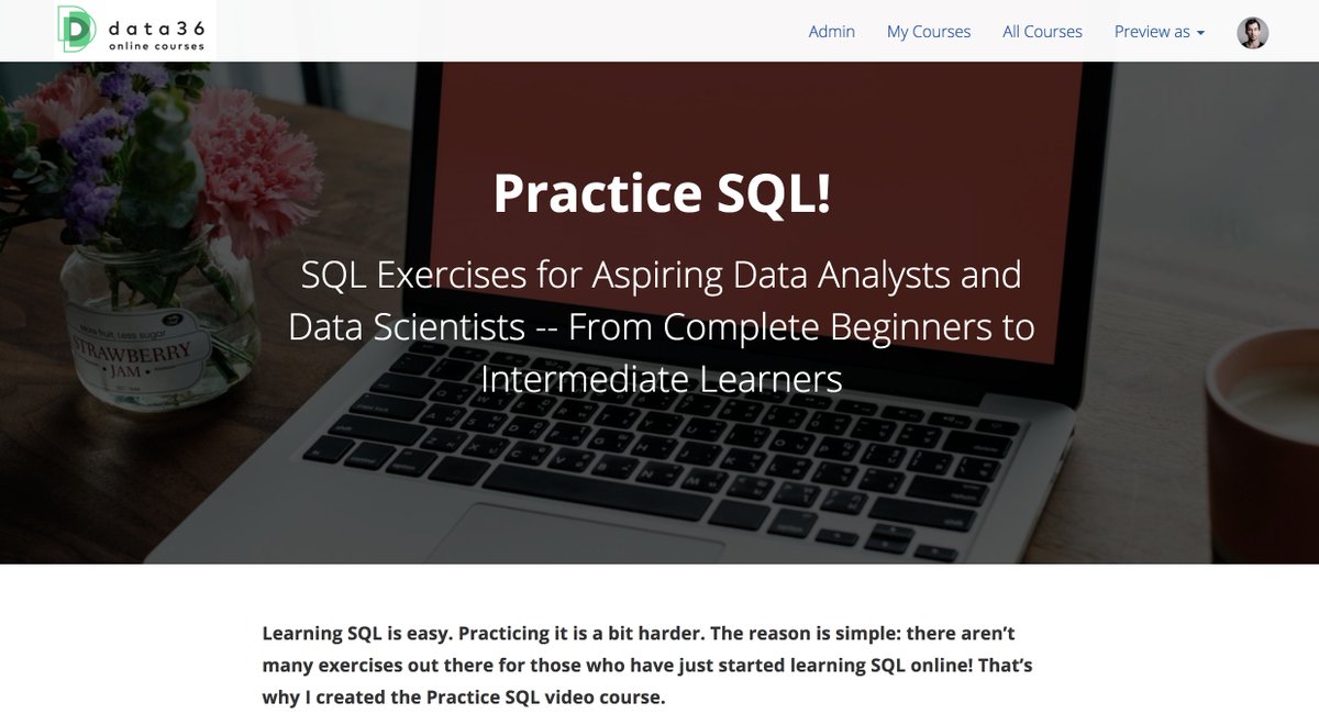 data36_com's tweet image. I got back from vacation --» Already started to work on my new online course...
Pre-enrolment will be available soon (only to my Newsletter subscribers. ;-))
#sql #sqlcourse #practice #learnsql