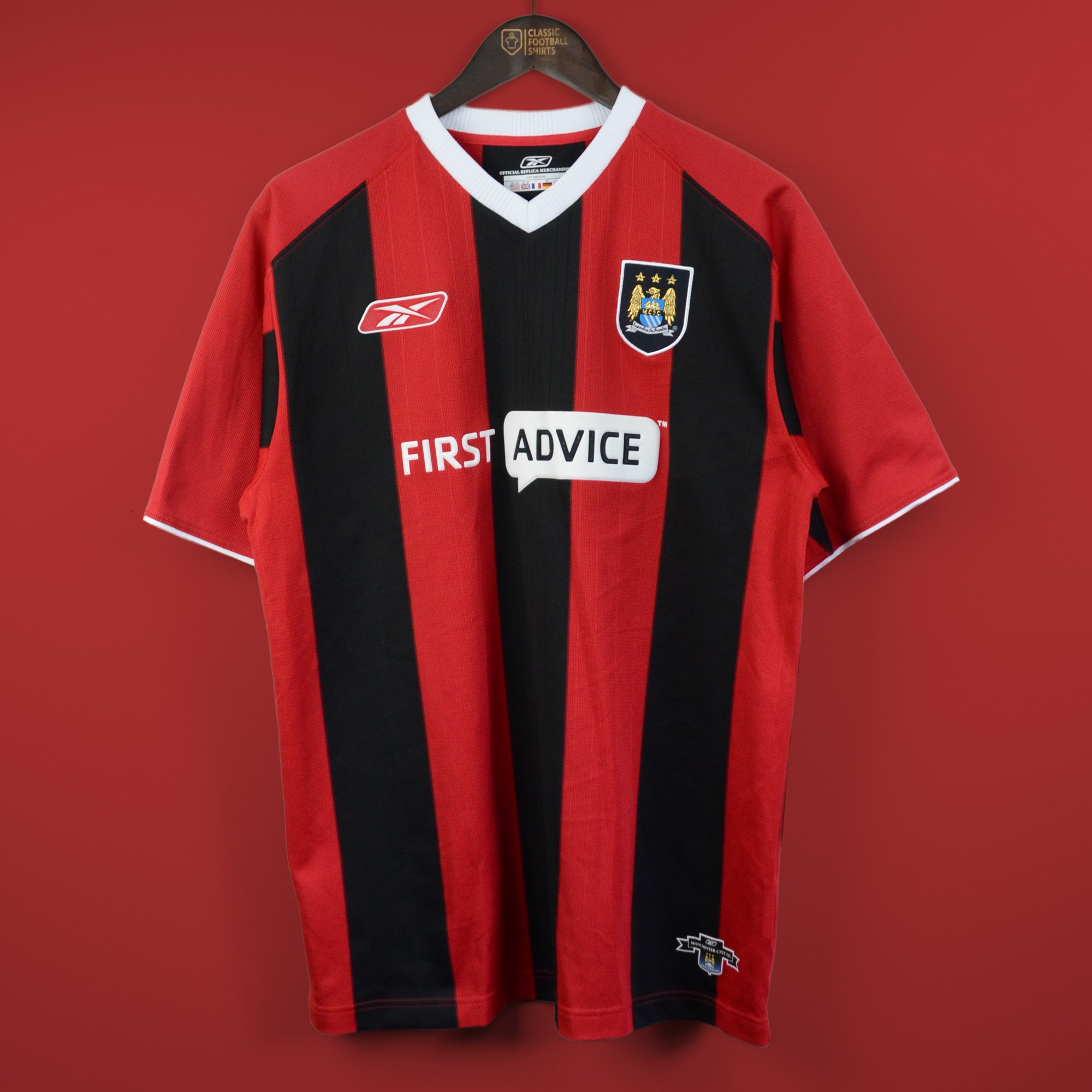 Classic Football Shirts on X Kit colours Man City in Red and Black 2003 A Reebok manufactured away shirt was worn during the sides brief European adventure in the 2003 04 UEFA