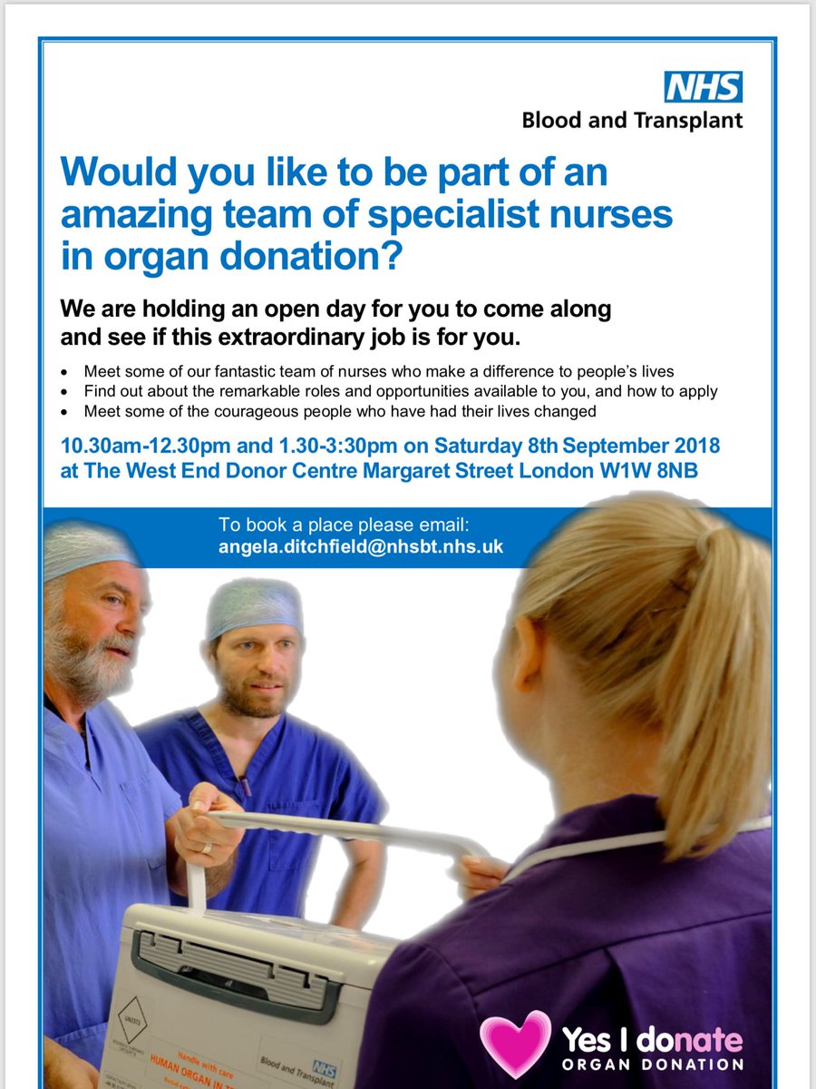 Come and join our amazing team of specialist nurses in organ donation who provide support to acutely bereaved families and save and transform the lives of patients waiting for a life lifesaving transplant. 
<a href="/NHSBTCareers/">NHSBT Careers</a> <a href="/NHSBT_RM/">Organ Donation Management Team</a> <a href="/NHSBT/">NHS Blood+Transplant</a> <a href="/NHS_Jobs/">NHS Jobs</a> <a href="/capital_nurse/">CapitalNurse</a> <a href="/NHSEnglandLDN/">NHS London</a>