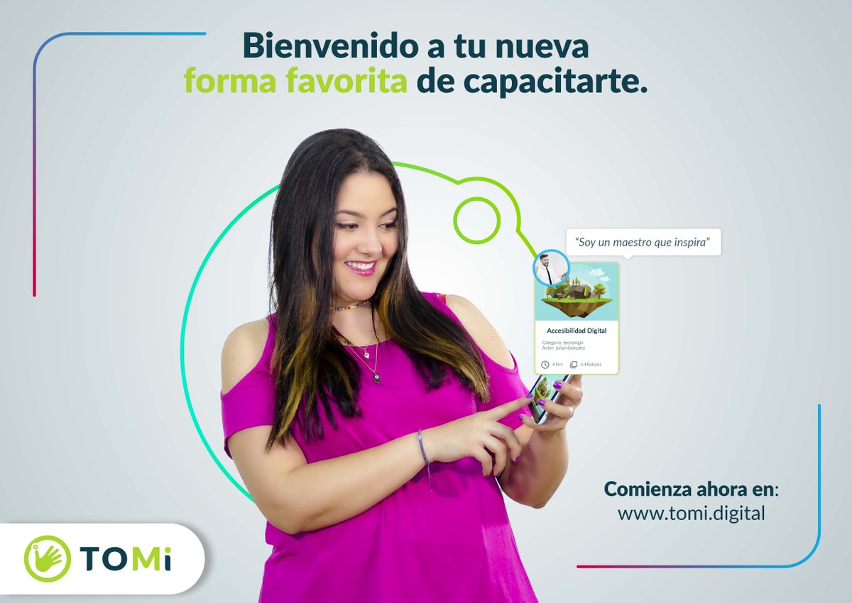 Bienvenido a tu nueva forma favorita de capacitarte.
Encuentra cursos, asesoría metodológica y formación virtual a tu ritmo y desde casa. 
¡Inspírate para inspirar! 
Comienza ahora en tomi.digital