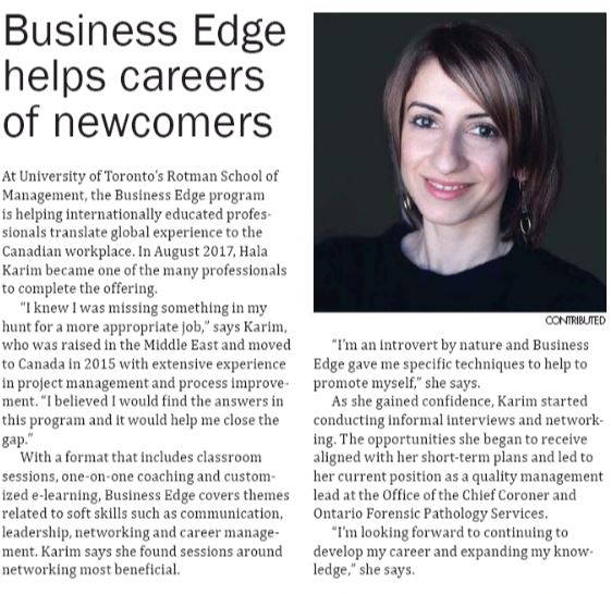 RotmanBizEdge's tweet photo. We're pleased to share our Business Edge graduate Hala Karim's story from Star Media Metro! Want to learn more? Join us at our next info session this Thur. Aug. 9 in Misssissauga: https://t.co/NZQ8HjO6dQ https://t.co/TCkvkjbslm