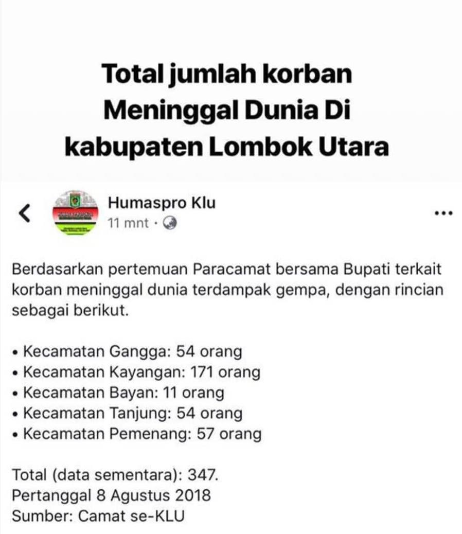 Jumlah total korban #GempaLombok di Kab. Lombok Utara sudah mencapai 300an orang 😢 #PrayForLombok