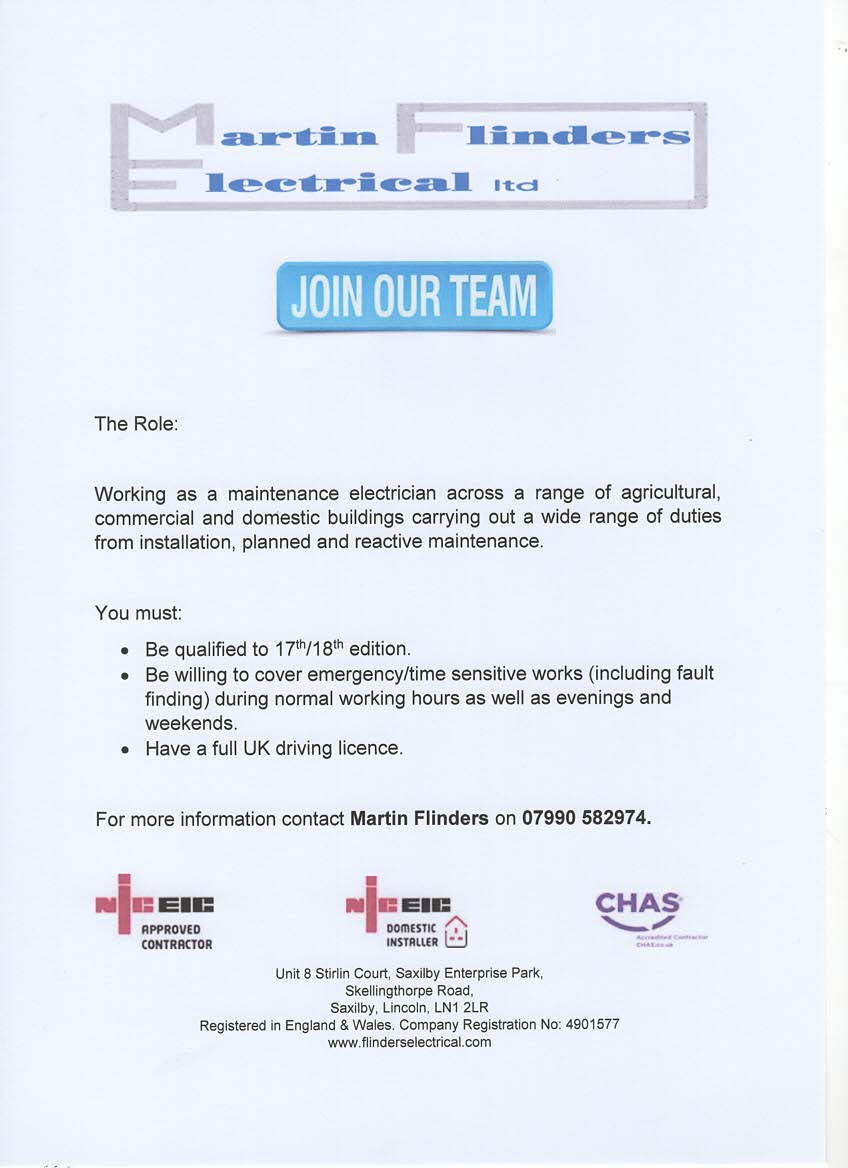 FlindersElectr2's tweet photo. We are recruiting! If you would like to join our team as an Electrician, please contact us now, immediate start available - Martin Flinders 07990 582974. #Recruiting #Team  @MartinFlinders @marcflinders10 https://t.co/Ze3qKmFxxr