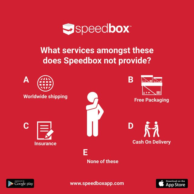 SpeedboxMaster's tweet image. Speedbox TRIVIA CHALLENGE 2!
What services do we provide? Let us know your answer in the comments below. Stay tuned for more!
#speedbox #speedboxapp #worldwideshipping #justspeedboxit #trivia #challenge #quiz #instadaily #logistics #courier #startup