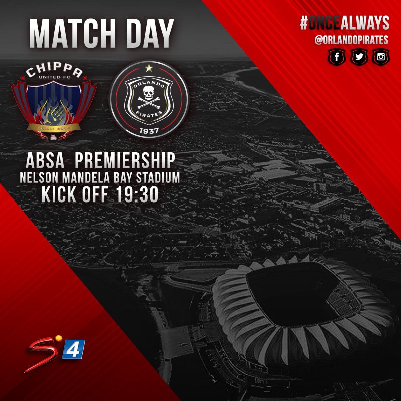 orlandopirates's tweet photo. ☠ @ChippaUnitedFC vs @orlandopirates
📅 Today, 08 August 2018
🏟 Nelson Mandela Bay Stadium
⚽ 19:30
📺 SuperSport 4
⚫⚪🔴⭐
#AbsaPrem #Matchday
#OnceAlways https://t.co/8rmbccwpOa