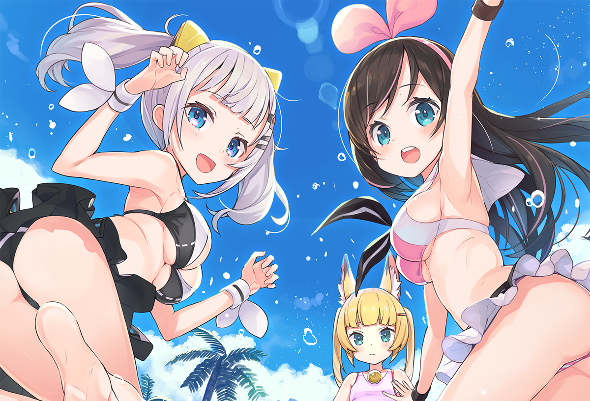 輝夜月 ,キズナアイ ,電脳少女YouTuberシロ 「C94の告知まだでした……。新刊はVtuber四天王の水着本、フルカラー22pで」|Tam-Uのイラスト