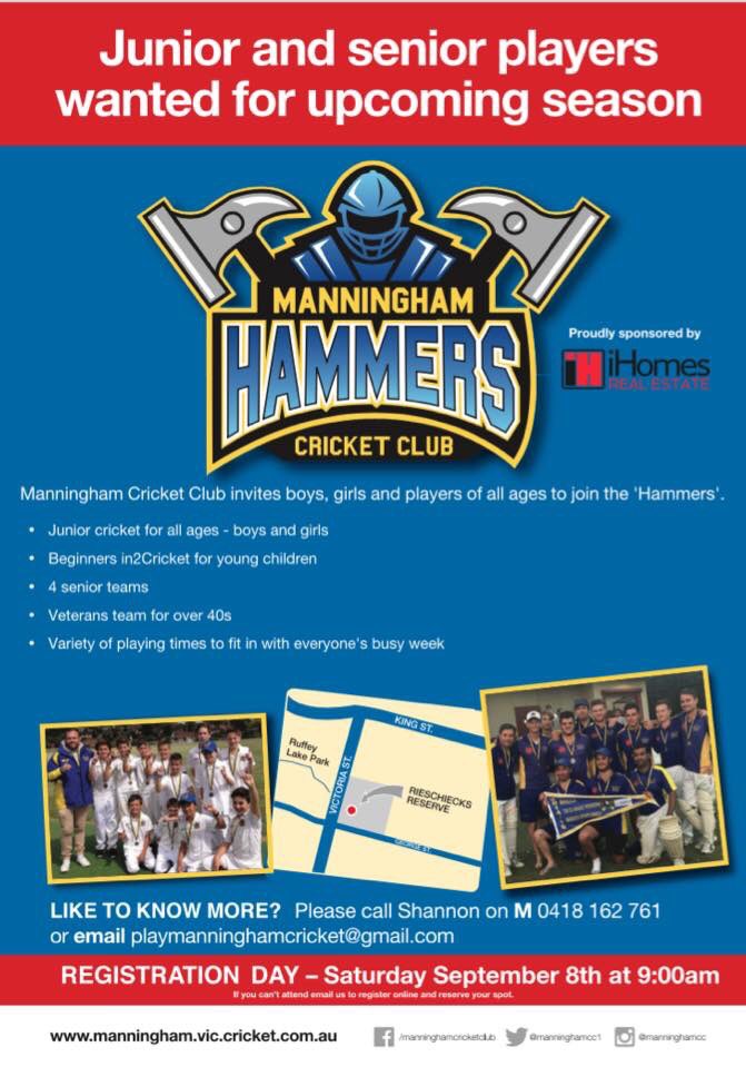 The Manningham Hammers are gearing up for another big season in the <a href="/BHRDCA/">BHRDCA</a>. The first XI is looking to go one better and win the flag after back-to-back Grand Finals the last 2 years. Senior Preseason training has begun and junior rego day is a month away #playcricket