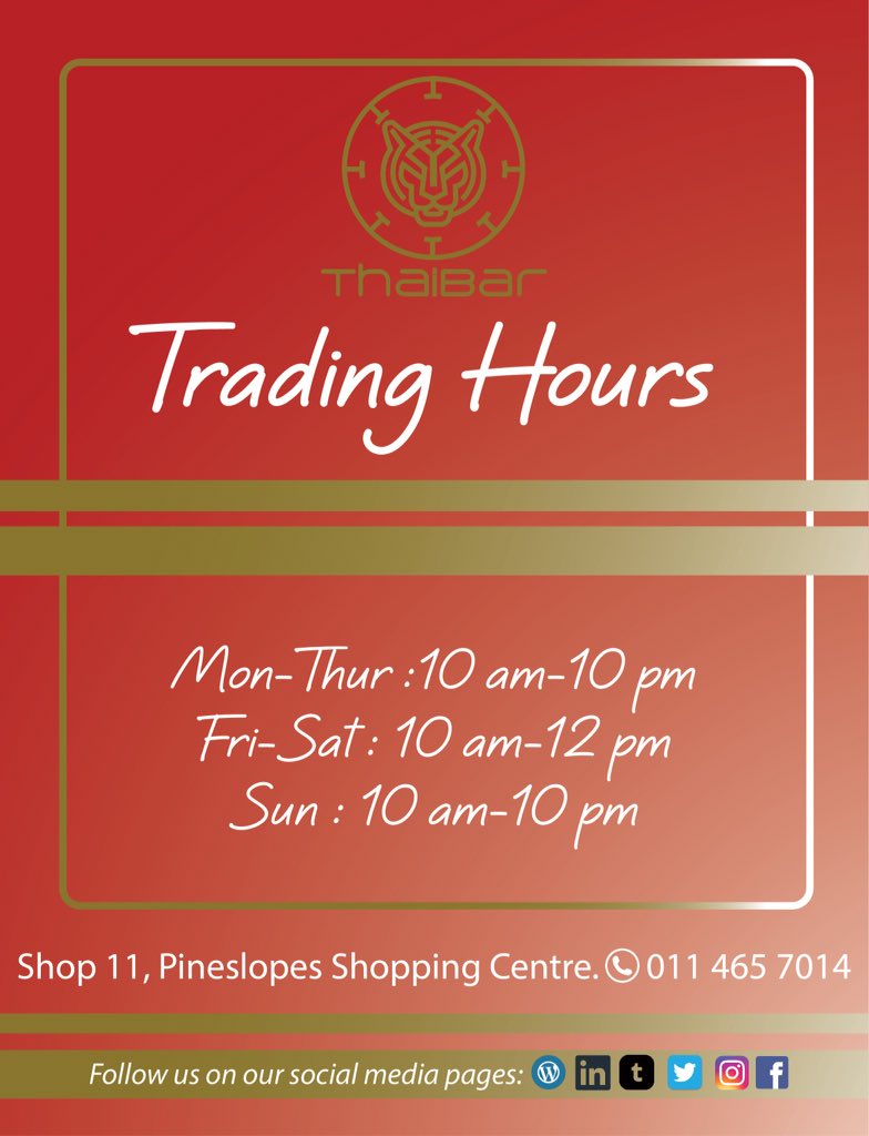 ThaiBarSA's tweet photo. Familiarizing you with our Trading Hours.

Instagram: thaibarsa 
Facebook: ThaiBar 
LinkedIn: ThaiBar SA
Tumblr: thaibar 

Don't forget to also visit our website: https://t.co/0L0wk1Stqo

#pineslopes #fourways #restuarant #finedining #interialdesign #goodfood #foodpost #foodie https://t.co/zAP44tyWdY