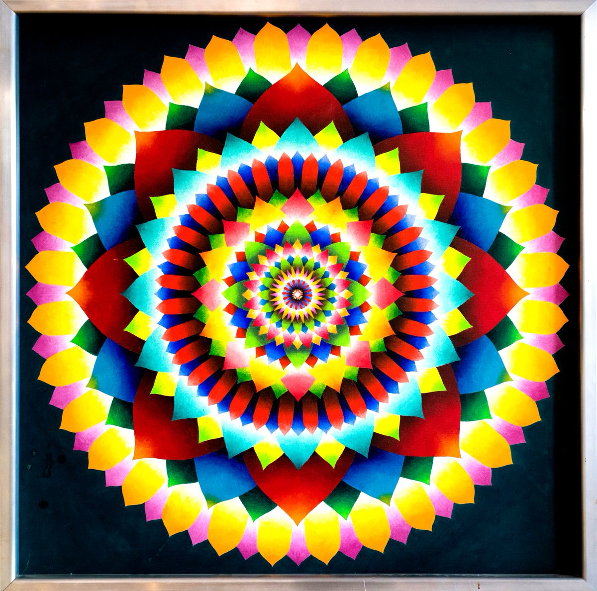 Artist Bridget Riley was Larry's art school mentor and is best known for her black &amp; white 'op art' which used geometric forms that produce sensations of movement or colour. Larry created more structured geometric forms than Riley, while still generating the vibrational effect.