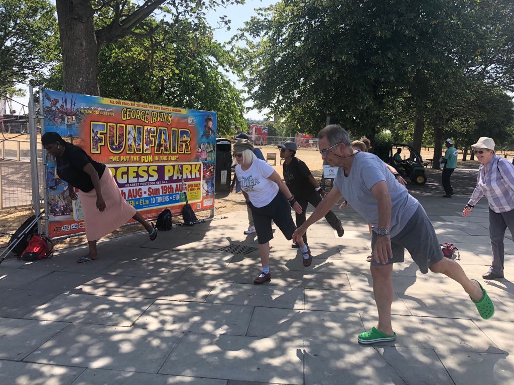 Warm up in <a href="/BurgessPk/">Burgess Park</a> focussing on balance, crucial for avoidance in falls. Thanks, Brigitte! 
- Falls in the 65s+ cost #NHS £4.6mil/a day!
- At Silverfit we put a lot of emphasis on incl #strengthandconditioning #balance exercises within our sessions. ☑
#GetFit #PositiveAgeing