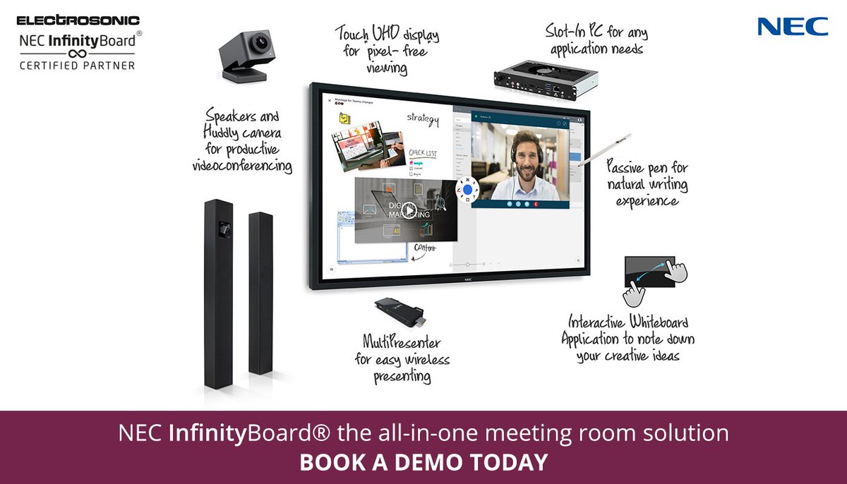 ElectrosonicAV's tweet image. Electrosonic is proud to be an NEC InfinityBoard accredited partner. #Bookademo today and find out why this integrated collaboration solution is the perfect complement to your existing workspaces. bit.ly/2B2PiVt #NECinfinityboard