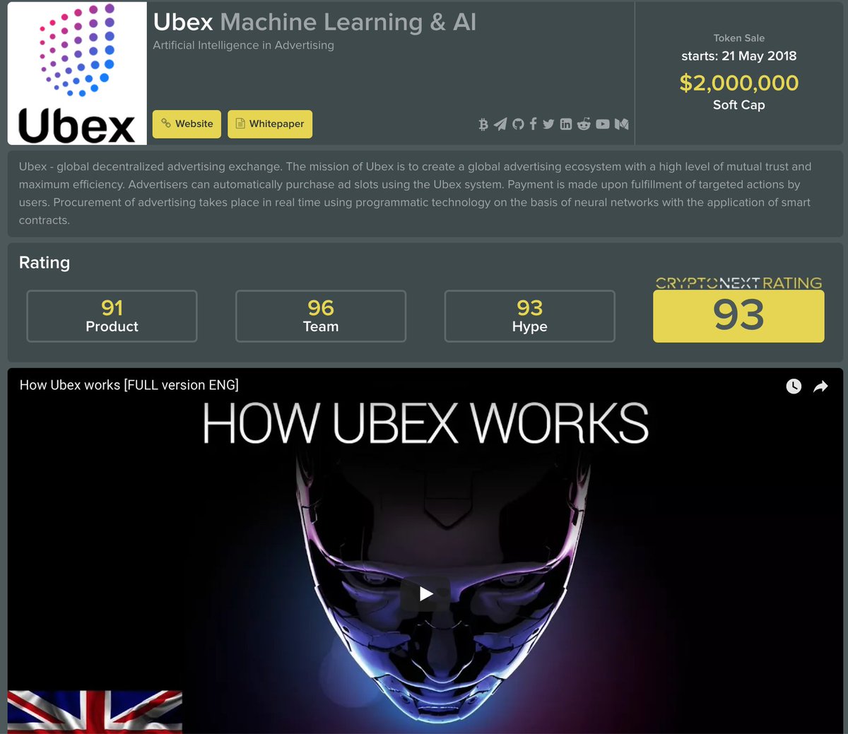 Crypt0Next's tweet image. UBEX's #ICO is listed on CryptoNext 🥇 (Rating 9⃣3⃣/ 100) cryptonext.com/ico/ubex🎖️🏆 @ubex_ai