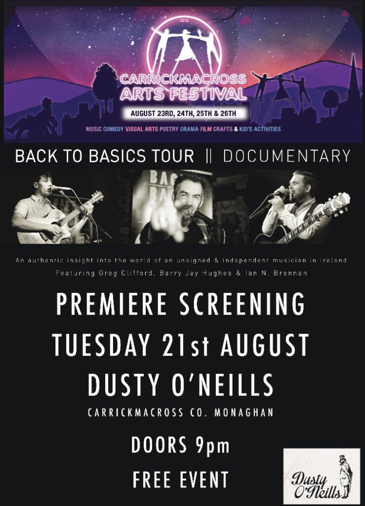 Only two weeks left until the premiere screening of “Back to Basics” in Dusty’s! This free event as part of the <a href="/Carrick_Arts/">Carrick Arts Fest</a> festival features the tale of <a href="/BarryJMusic/">Barry Jay Hughes / Wedding Singer Éire</a> , <a href="/iannbrennan/">Iann Brennan & The Echoes</a>, and <a href="/GregClifford87/">Greg Clifford Music</a>. #irelandsancienteast #loveireland #irishmusicparty