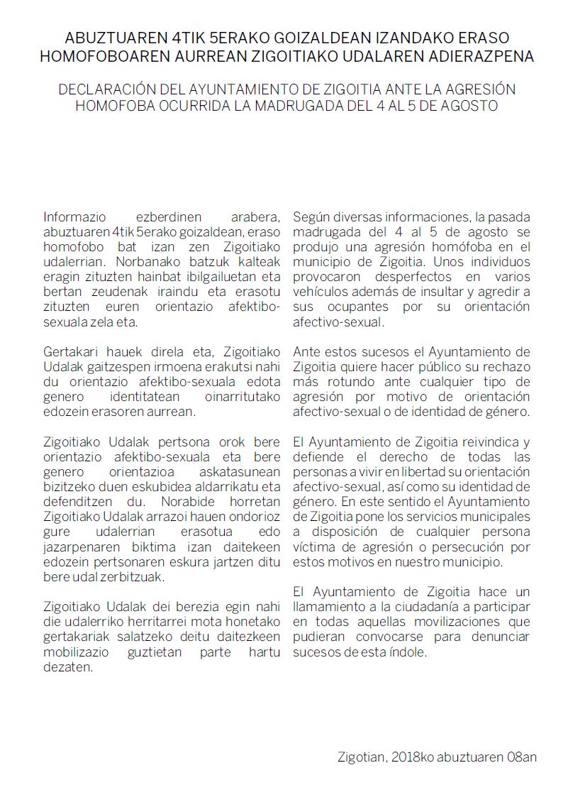 ehbilduaraba's tweet photo. Abuztuaren 4tik 5erako goizaldean izandako eraso homofoboaren aurrean Zigoitiako Udal Talde guztiek adostutako adierazpena #StopHomofobia #Zigoitia #Gorbeialdea https://t.co/aAYtCCSooQ