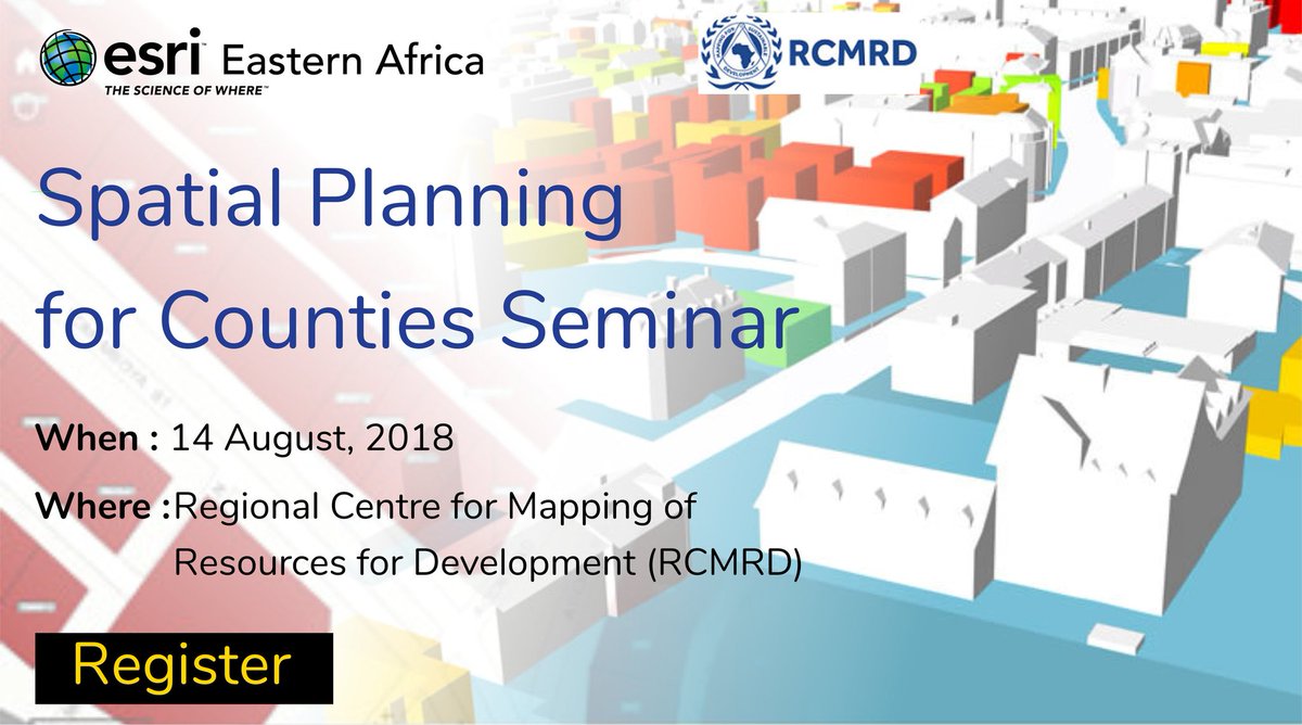 AfriqueRS's tweet photo. Esri Eastern Africa is pleased to invite Planners to the Spatial Planning for Counties Seminar to be held on 14 August, 2018 at the Regional Centre For Mapping Resource For Development.
Register Here: https://t.co/KjxD6ZZ9jx … 
#GIS https://t.co/RKeZw6Pndh
