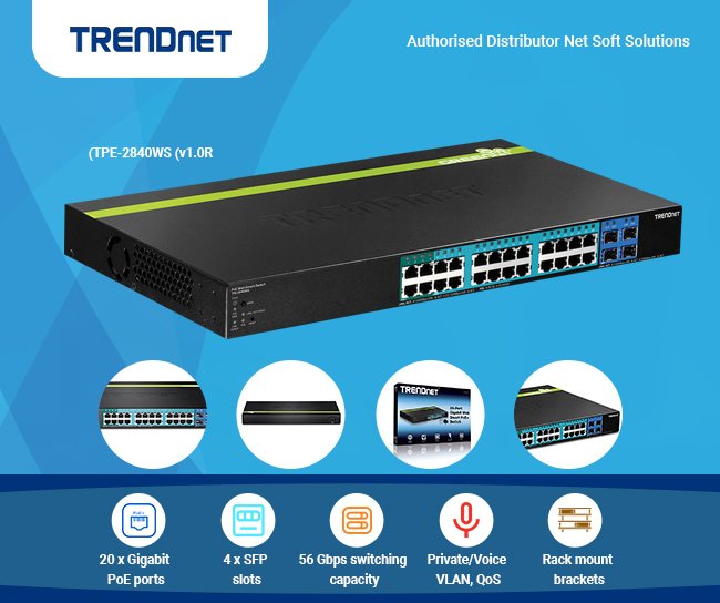 NetsoftInfo's tweet photo. @TRENDnet  28-Port Gigabit Web Smart PoE+ Switch
TPE-2840WS (v1.0R)

#trendnet #trendnetDistributors #Distributors #electronicDistributors #countlessdevices
#Switches #PoE #Powerline #Surveillance #Fiber
#networkinghardware  #Wireless #Wired  
https://t.co/sBAtwHHP1v https://t.co/2KJWGZEgXf