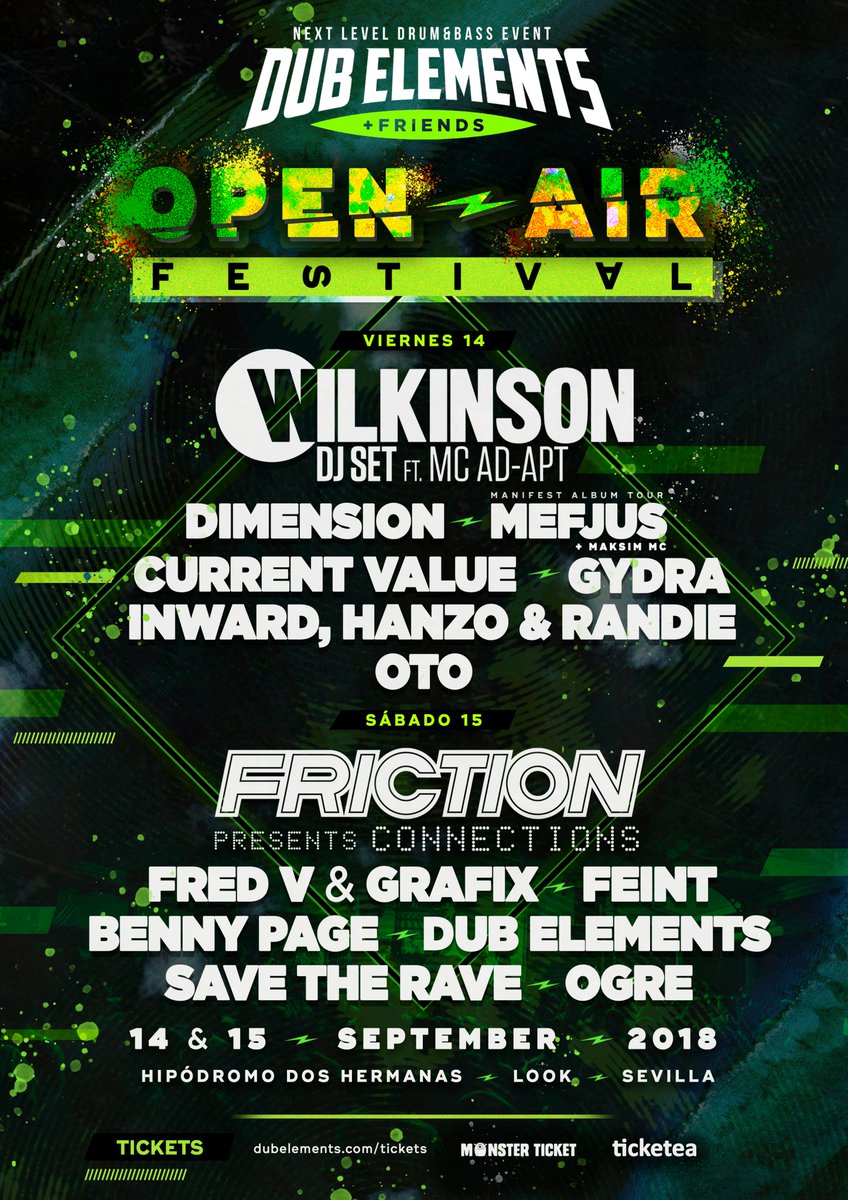 Dub Elements &amp; Friends (Open Air)
Entradas: dubelements.com/tickets  
Ticketea | MonsterTicket | RRPPs oficiales

Con que día te quedas?
RT - Viernes
💙 - Sábado

Si no puedes elegir solo uno, dale un cabezazo al teclado 😂😂 NOS VEMOS EN SEPTIEMBRE FAMILIA!! 🙌🏼 #SeLía #DnB