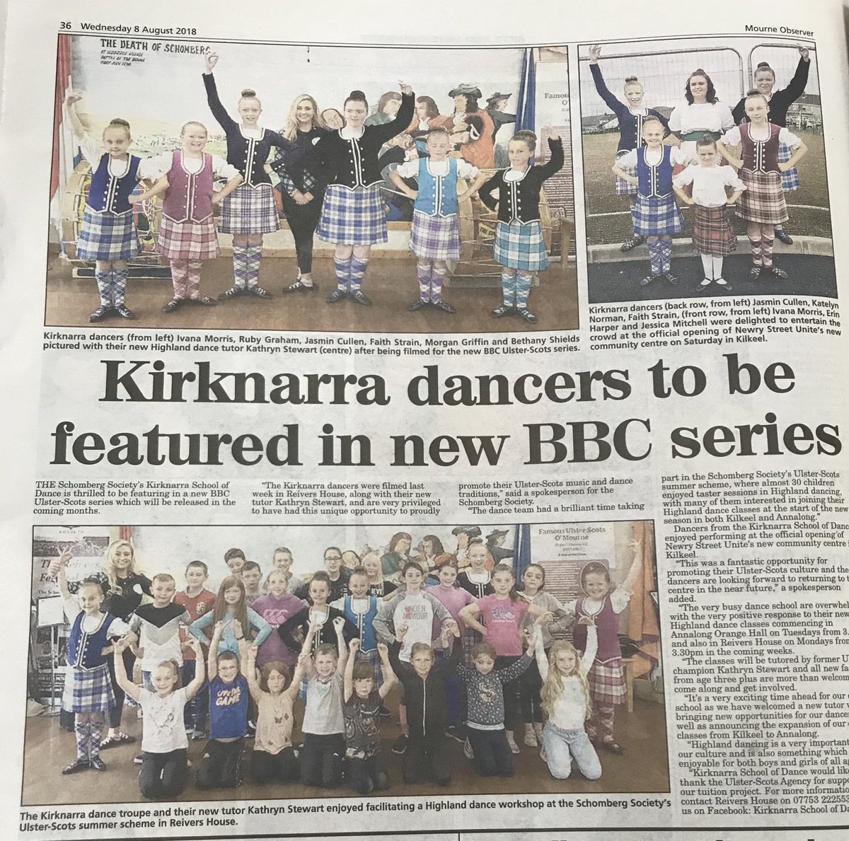 SchombergSoc's tweet photo. Great coverage in today’s #MourneObserver of our #Kirknarra Dancers and from our #Ulster-Scots Summer Scheme! What a fantastic bunch of boys and girls we have here in Reivers House! #ProudAsPunch https://t.co/vViYgodRfX