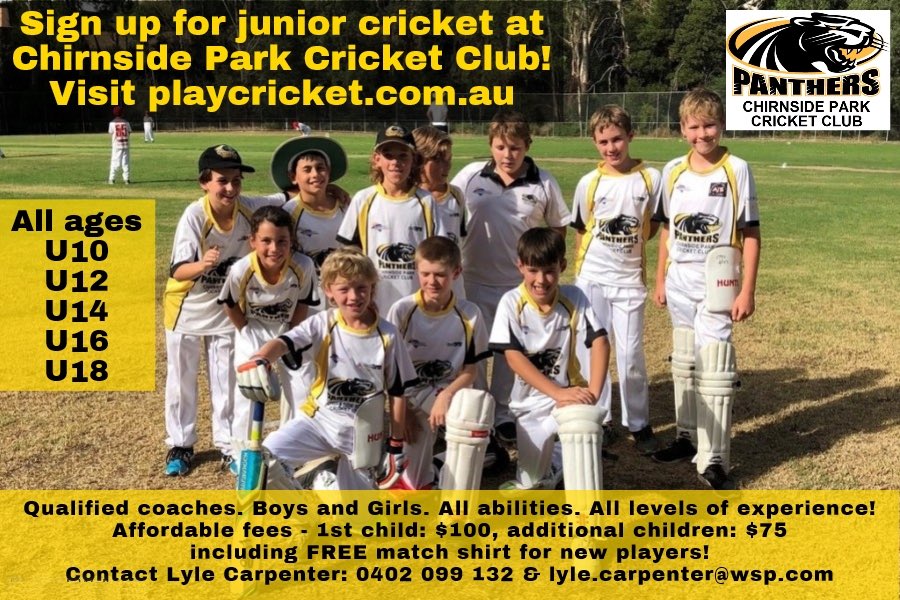 CPCCPanthers's tweet photo. Sign up for junior cricket at Chirnside Park Cricket Club! Boys &amp; Girls. All ages. All abilities! Visit https://t.co/urbbdzYdG4 #PlayCricket https://t.co/CaxTVpKExo